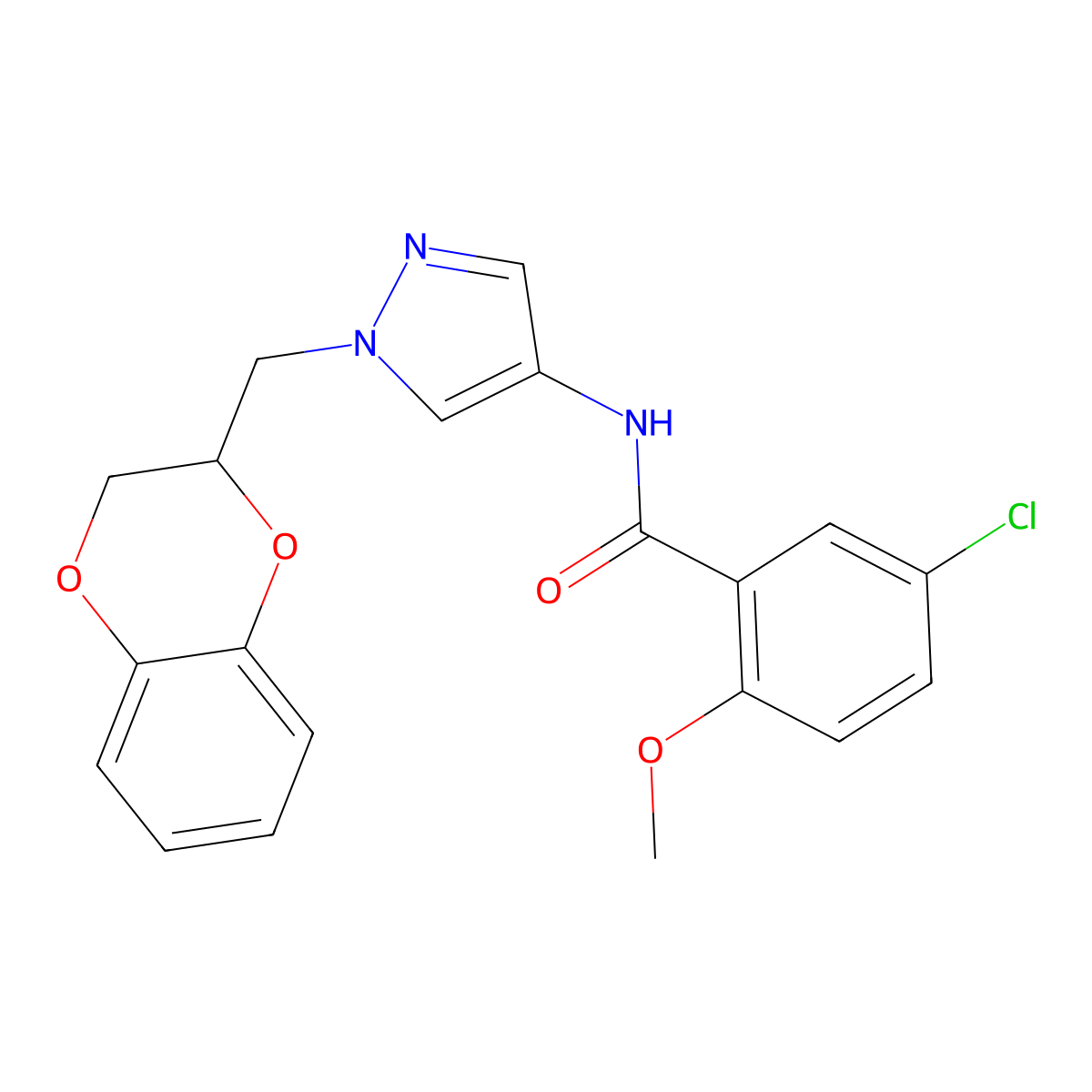 5-chloro-N-(1-((2,3-dihydrobenzo[b][1,4]dioxin-2-yl)methyl)-1H-pyrazol-4-yl)-2-methoxybenzamide molecular structure, CAS 1797883-76-1