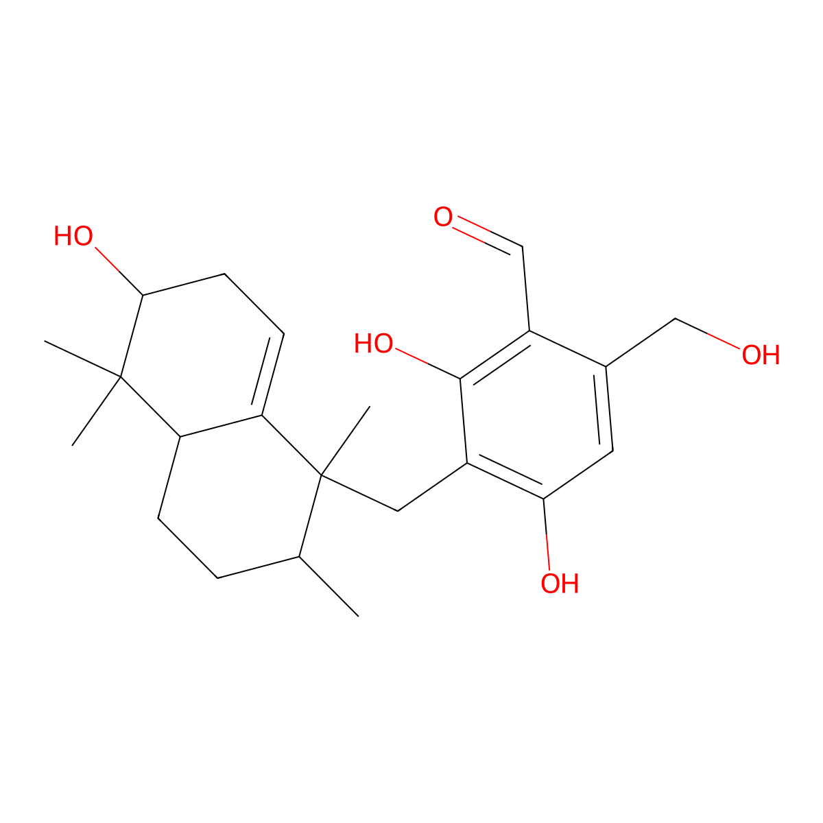 2,4-Dihydroxy-3-((6-hydroxy-1,2,5,5-tetramethyl-1,2,3,4,4a,5,6,7-octahydronaphthalen-1-yl)methyl)-6-(hydroxymethyl)benzaldehyde molecular structure, CAS 1797884-14-0