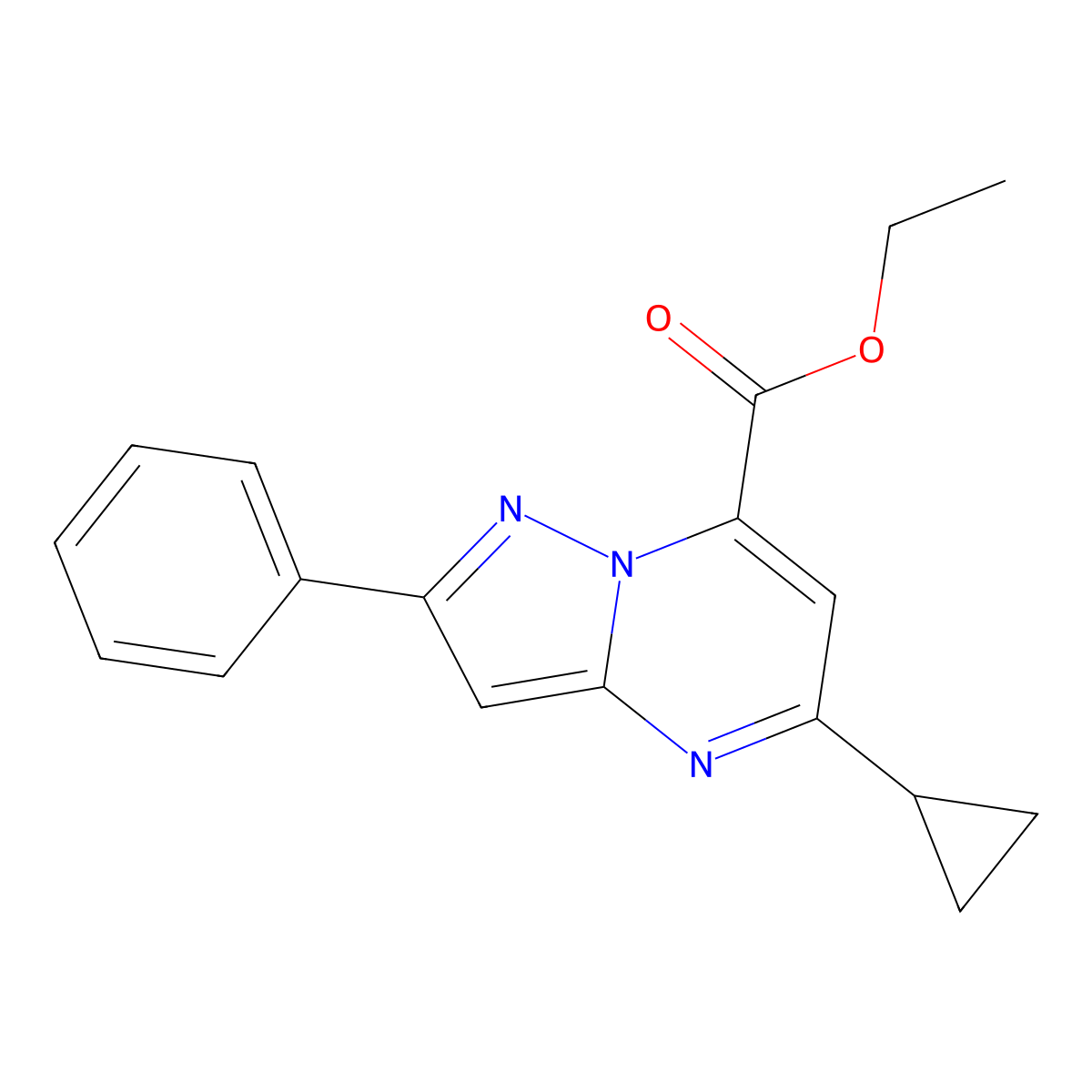 Ethyl 5-cyclopropyl-2-phenylpyrazolo[1,5-a]pyrimidine-7-carboxylate molecular structure, CAS 1797885-19-8