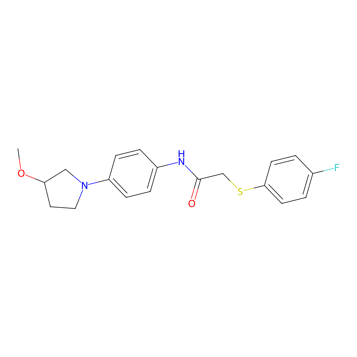 2-((4-fluorophenyl)thio)-N-(4-(3-methoxypyrrolidin-1-yl)phenyl)acetamide molecular structure, CAS 1797888-04-0