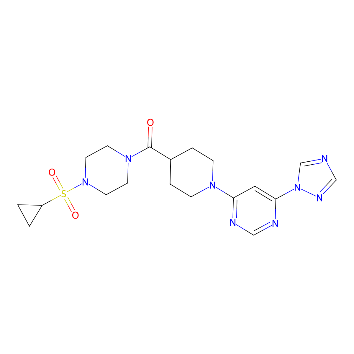 (1-(6-(1H-1,2,4-triazol-1-yl)pyrimidin-4-yl)piperidin-4-yl)(4-(cyclopropylsulfonyl)piperazin-1-yl)methanone molecular structure, CAS 1797889-17-8