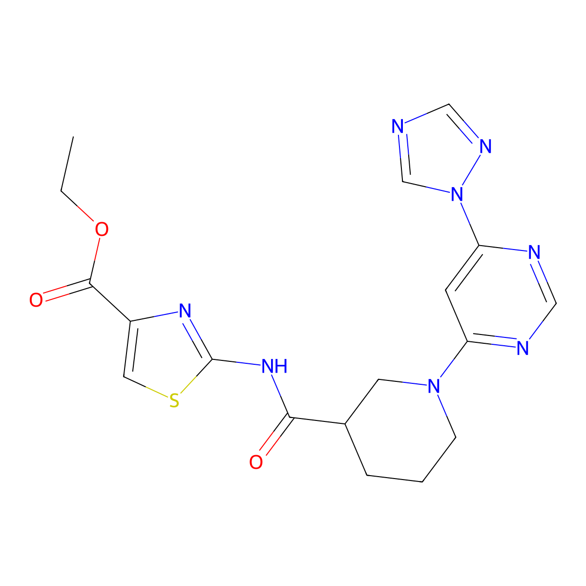 ethyl 2-(1-(6-(1H-1,2,4-triazol-1-yl)pyrimidin-4-yl)piperidine-3-carboxamido)thiazole-4-carboxylate molecular structure, CAS 1797889-26-9