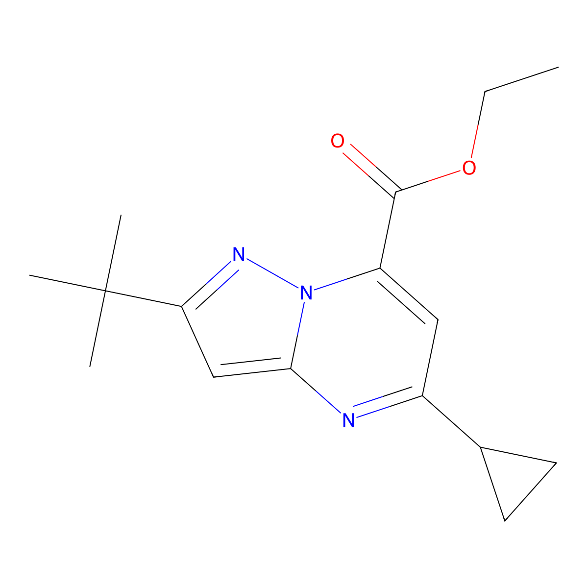 Ethyl 2-tert-butyl-5-cyclopropylpyrazolo[1,5-a]pyrimidine-7-carboxylate molecular structure, CAS 1797893-12-9