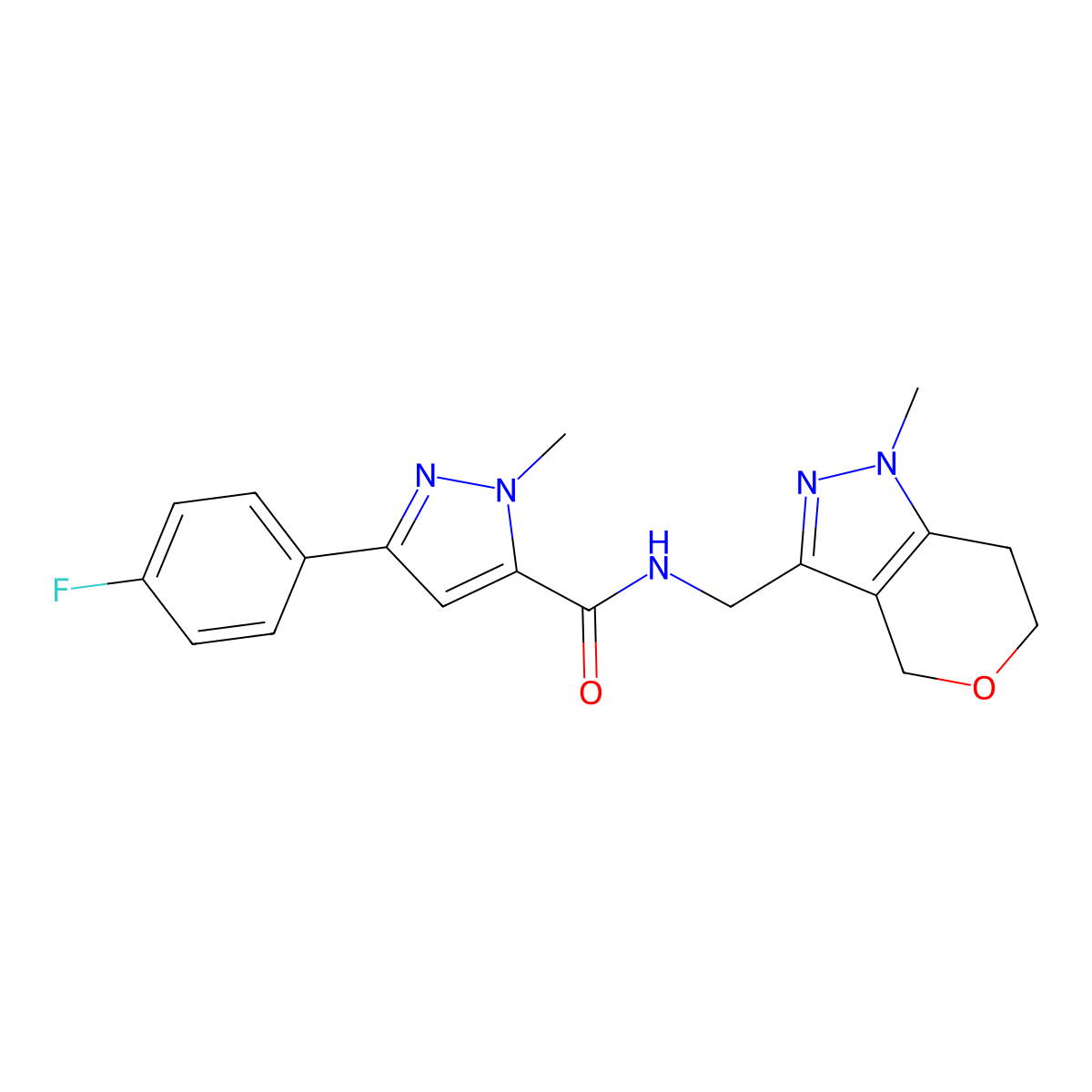 3-(4-fluorophenyl)-1-methyl-N-((1-methyl-1,4,6,7-tetrahydropyrano[4,3-c]pyrazol-3-yl)methyl)-1H-pyrazole-5-carboxamide molecular structure, CAS 1797893-14-1