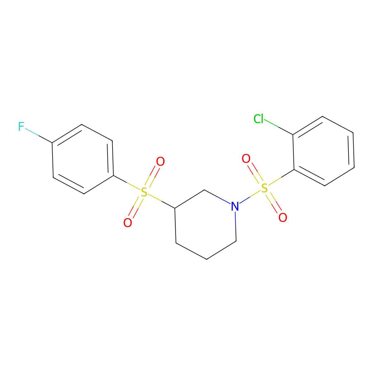1-((2-Chlorophenyl)sulfonyl)-3-((4-fluorophenyl)sulfonyl)piperidine molecular structure, CAS 1797893-50-5