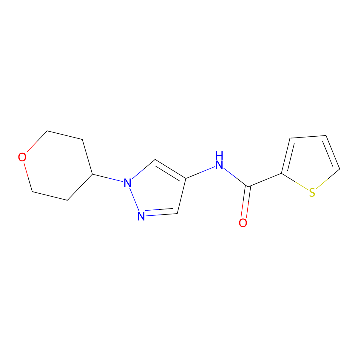 N-(1-(tetrahydro-2H-pyran-4-yl)-1H-pyrazol-4-yl)thiophene-2-carboxamide molecular structure, CAS 1797895-36-3