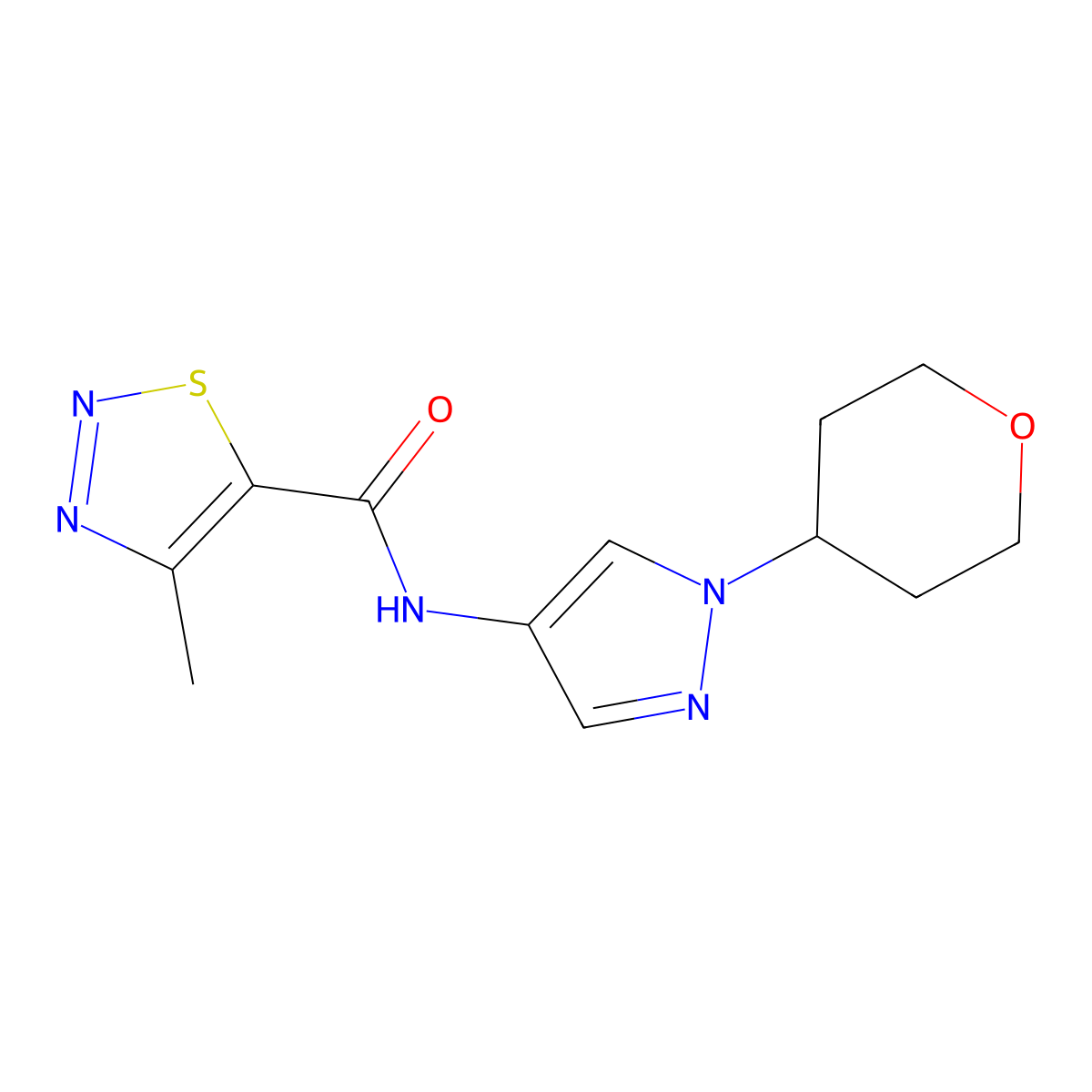 4-methyl-N-(1-(tetrahydro-2H-pyran-4-yl)-1H-pyrazol-4-yl)-1,2,3-thiadiazole-5-carboxamide molecular structure, CAS 1797895-56-7