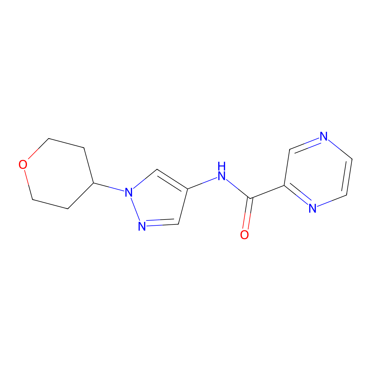 N-(1-(tetrahydro-2H-pyran-4-yl)-1H-pyrazol-4-yl)pyrazine-2-carboxamide molecular structure, CAS 1797895-58-9