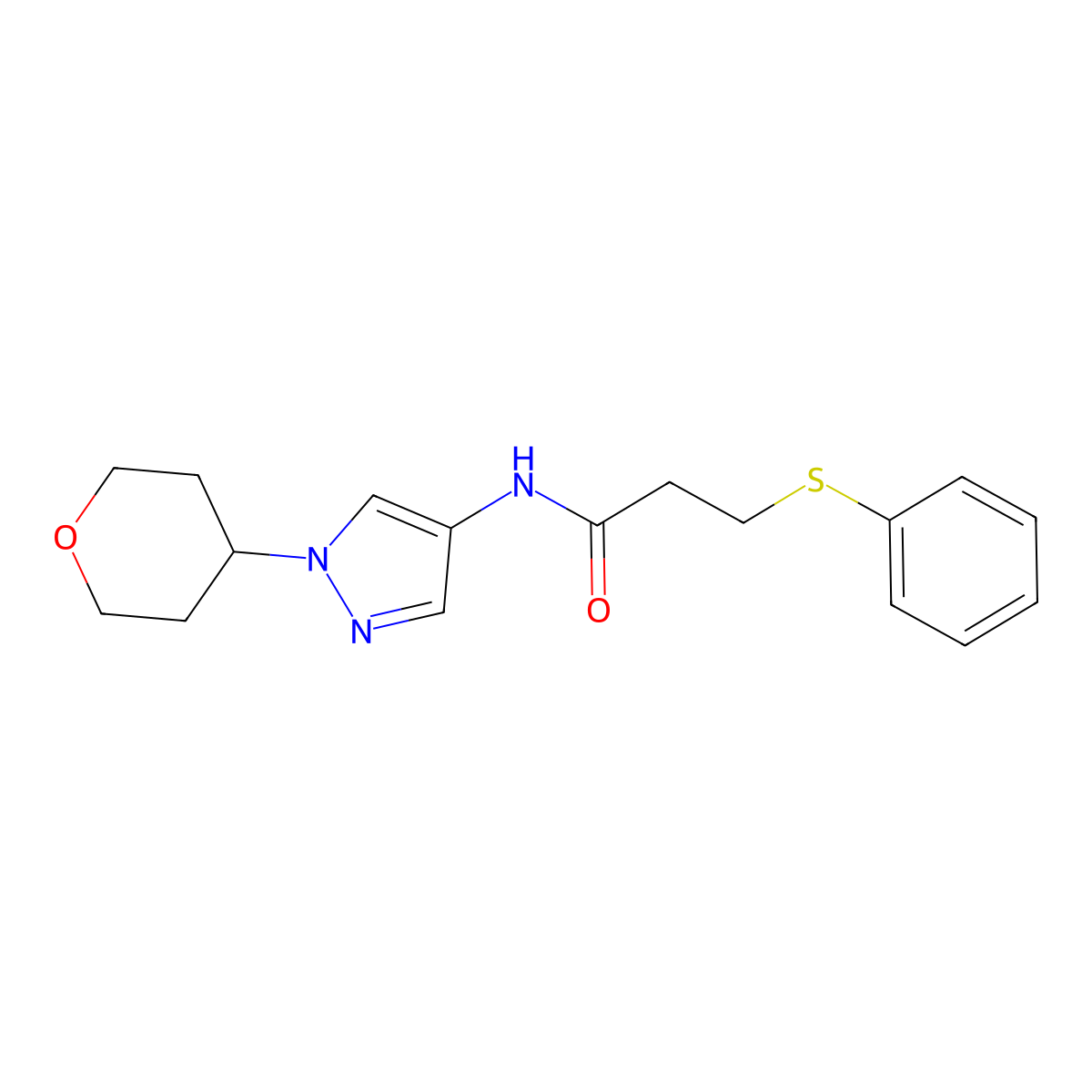 3-(phenylthio)-N-(1-(tetrahydro-2H-pyran-4-yl)-1H-pyrazol-4-yl)propanamide molecular structure, CAS 1797895-66-9