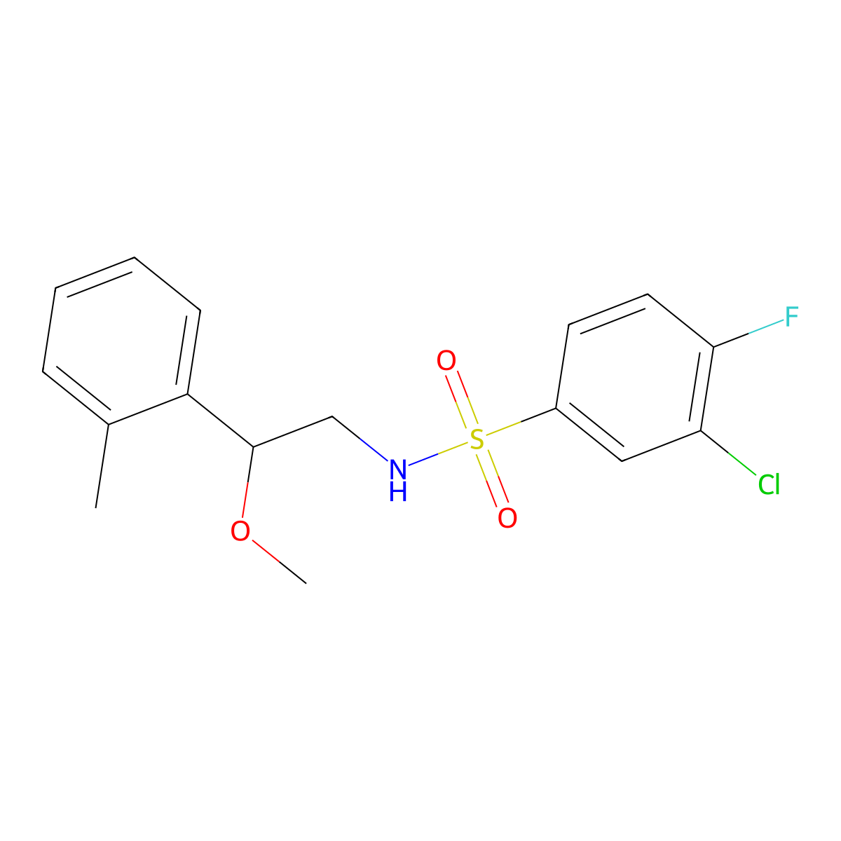 3-chloro-4-fluoro-N-(2-methoxy-2-(o-tolyl)ethyl)benzenesulfonamide molecular structure, CAS 1797898-48-6