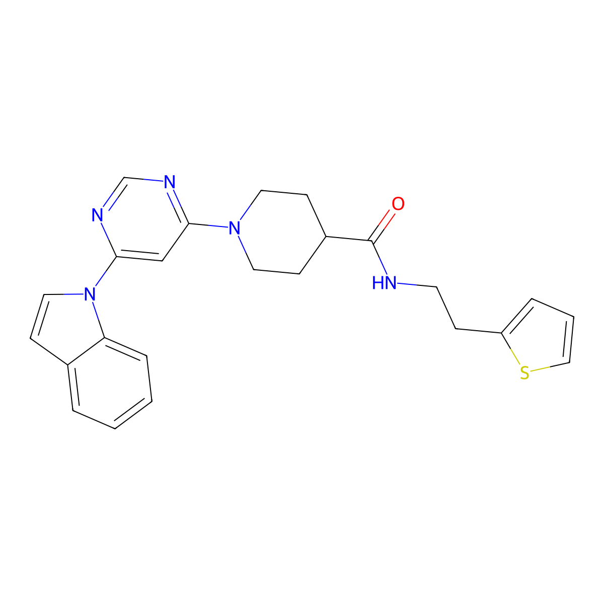 1-(6-(1H-indol-1-yl)pyrimidin-4-yl)-N-(2-(thiophen-2-yl)ethyl)piperidine-4-carboxamide molecular structure, CAS 1797902-74-9