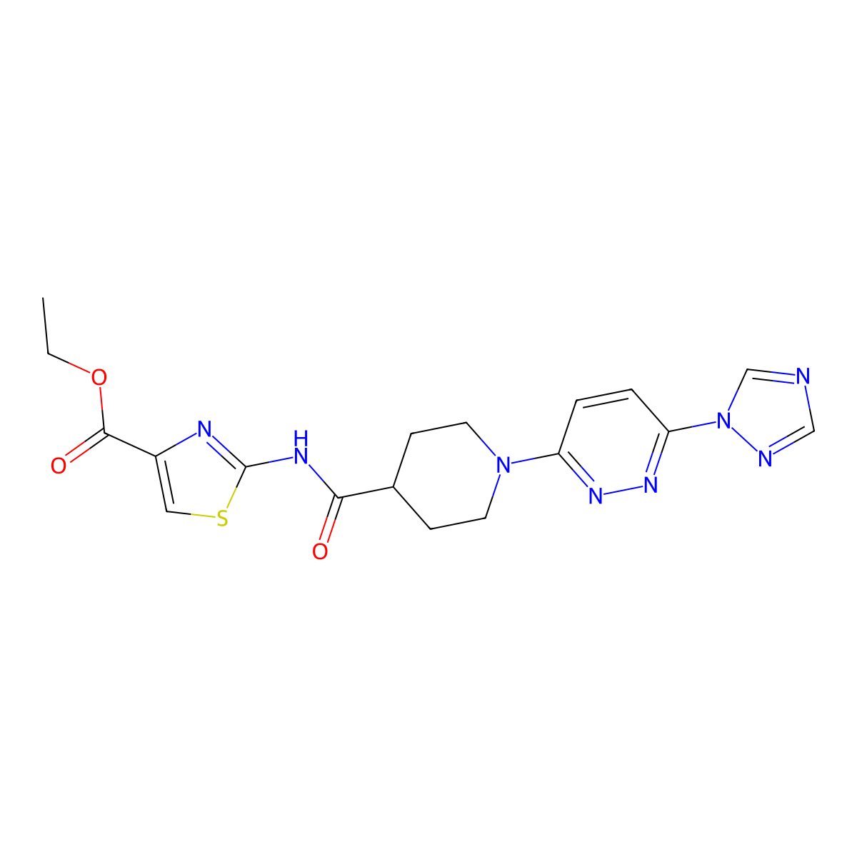ethyl 2-(1-(6-(1H-1,2,4-triazol-1-yl)pyridazin-3-yl)piperidine-4-carboxamido)thiazole-4-carboxylate molecular structure, CAS 1797902-97-6