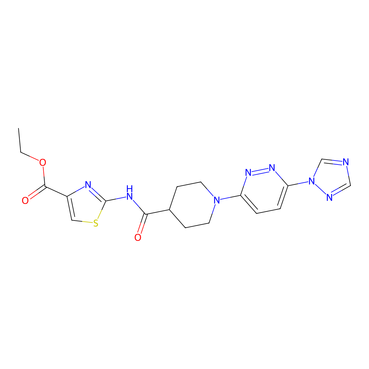 ethyl 2-(1-(6-(1H-1,2,4-triazol-1-yl)pyridazin-3-yl)piperidine-4-carboxamido)thiazole-4-carboxylate molecular structure, CAS 1797902-97-6