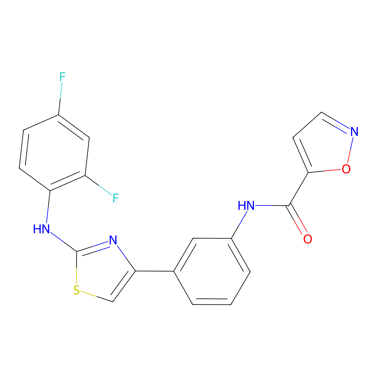 N-(3-(2-((2,4-difluorophenyl)amino)thiazol-4-yl)phenyl)isoxazole-5-carboxamide molecular structure, CAS 1797903-68-4