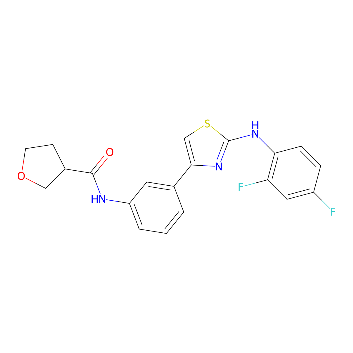 N-(3-(2-((2,4-difluorophenyl)amino)thiazol-4-yl)phenyl)tetrahydrofuran-3-carboxamide molecular structure, CAS 1797903-77-5