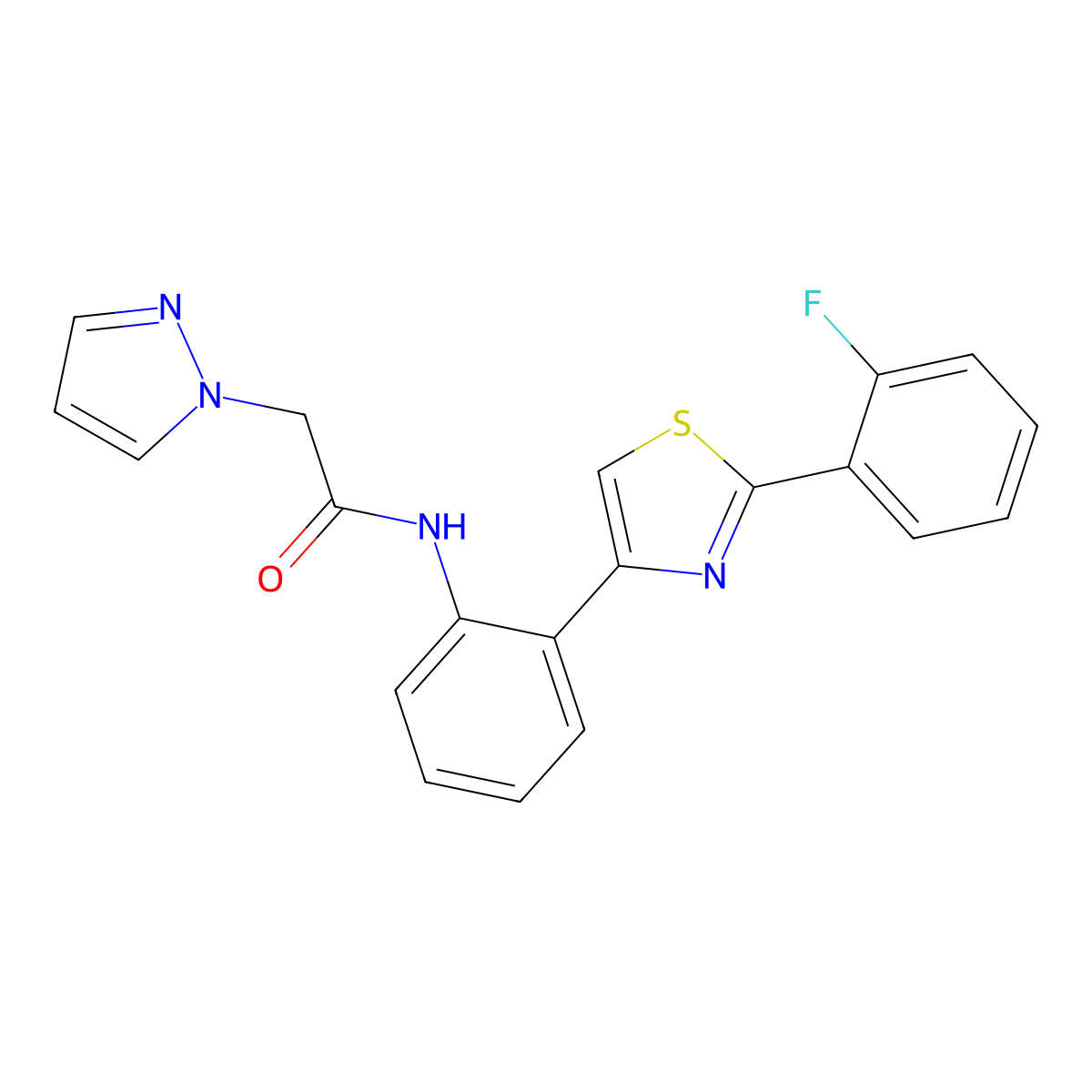 N-(2-(2-(2-fluorophenyl)thiazol-4-yl)phenyl)-2-(1H-pyrazol-1-yl)acetamide molecular structure, CAS 1797904-22-3