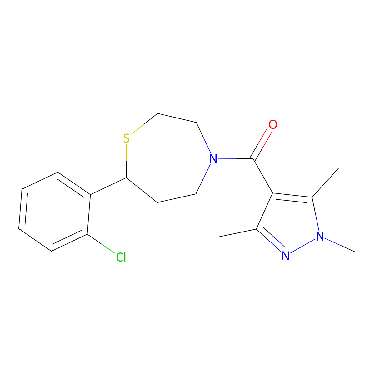 (7-(2-chlorophenyl)-1,4-thiazepan-4-yl)(1,3,5-trimethyl-1H-pyrazol-4-yl)methanone molecular structure, CAS 1797907-80-2