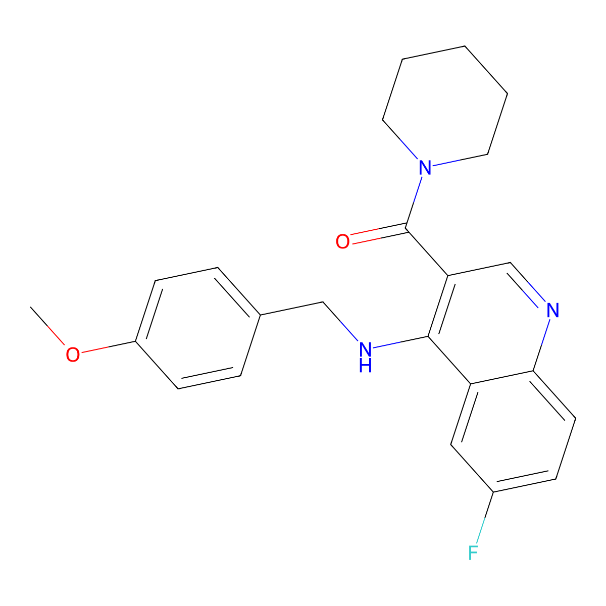 (6-Fluoro-4-((4-methoxybenzyl)amino)quinolin-3-yl)(piperidin-1-yl)methanone molecular structure, CAS 1797928-83-6
