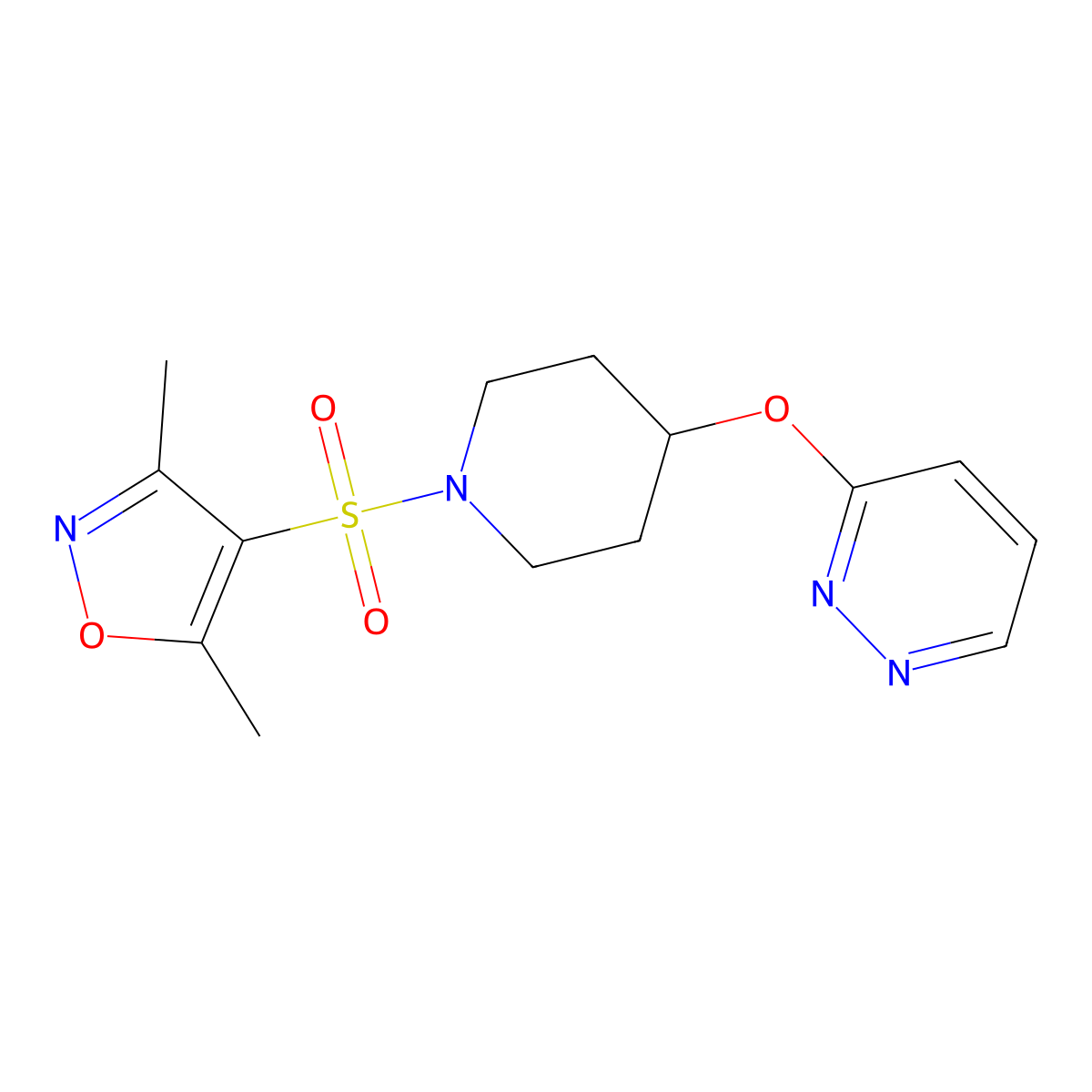 3,5-Dimethyl-4-((4-(pyridazin-3-yloxy)piperidin-1-yl)sulfonyl)isoxazole molecular structure, CAS 1797951-78-0
