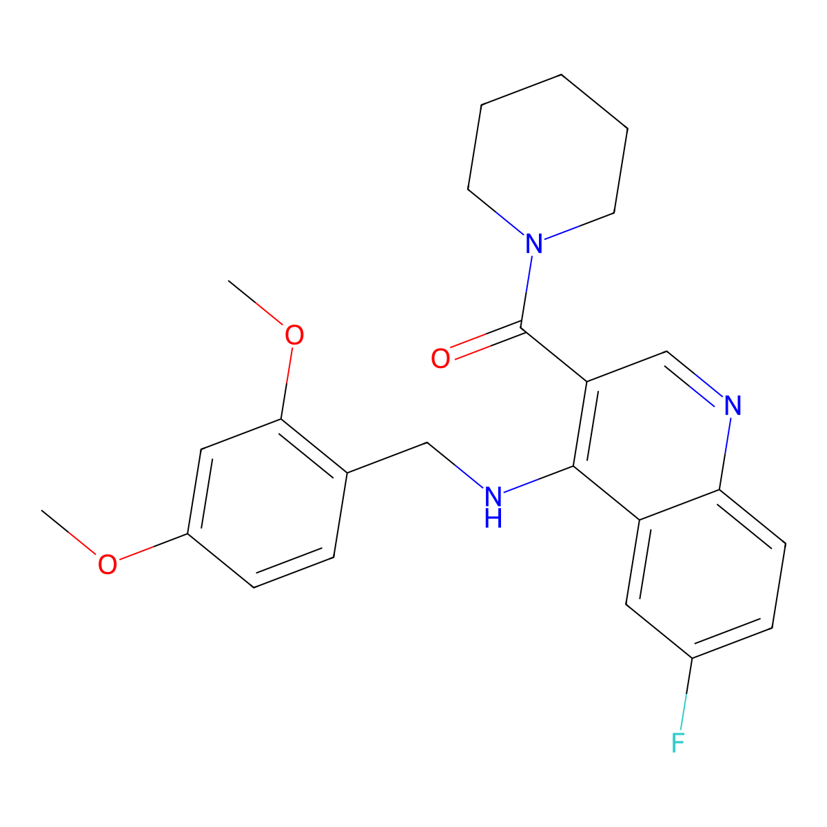 (4-((2,4-Dimethoxybenzyl)amino)-6-fluoroquinolin-3-yl)(piperidin-1-yl)methanone molecular structure, CAS 1797952-57-8