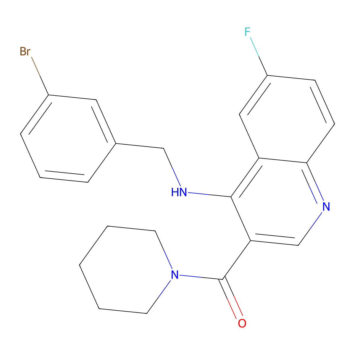 (4-((3-Bromobenzyl)amino)-6-fluoroquinolin-3-yl)(piperidin-1-yl)methanone molecular structure, CAS 1797952-63-6