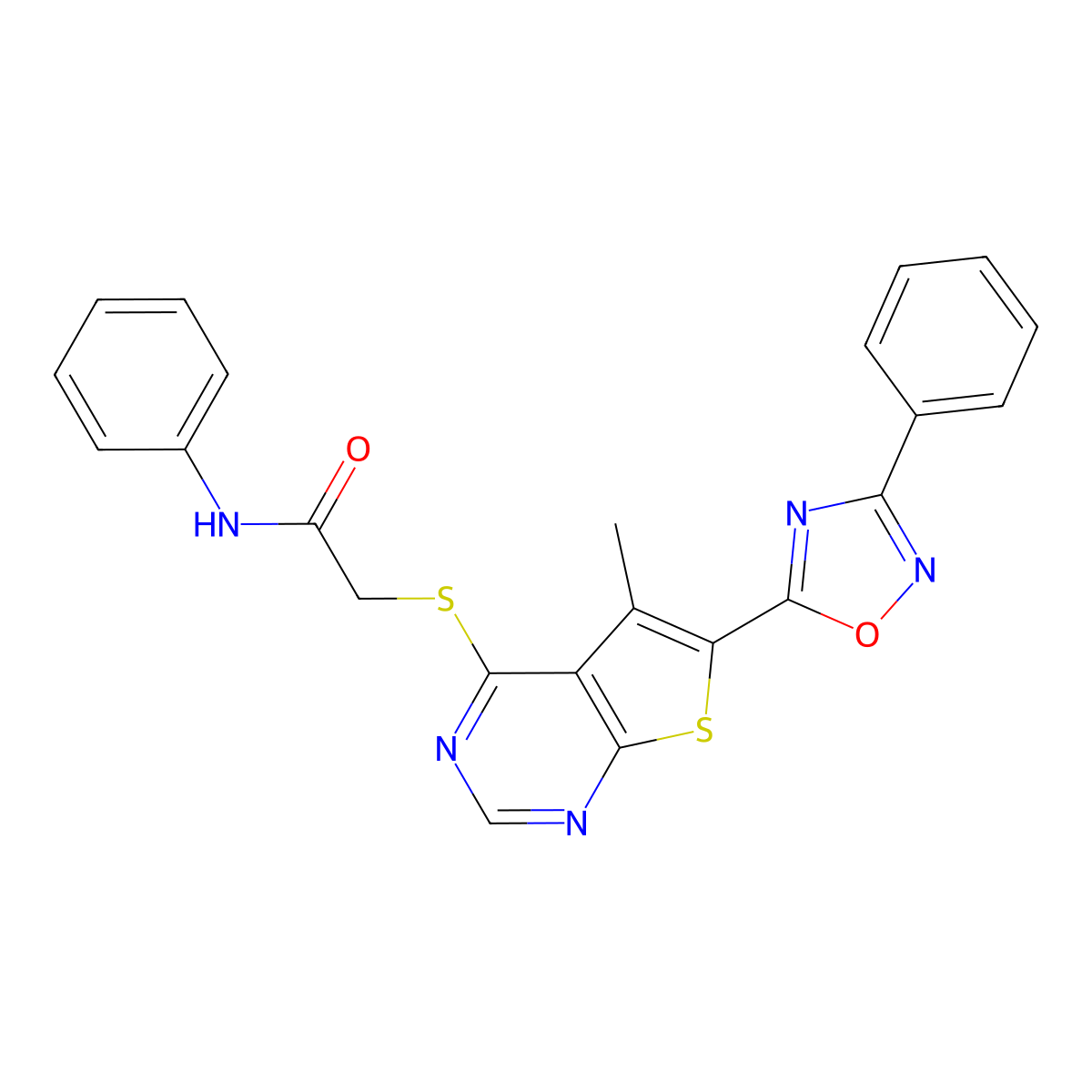 2-{[5-methyl-6-(3-phenyl-1,2,4-oxadiazol-5-yl)thieno[2,3-d]pyrimidin-4-yl]sulfanyl}-N-phenylacetamide molecular structure, CAS 1797952-84-1