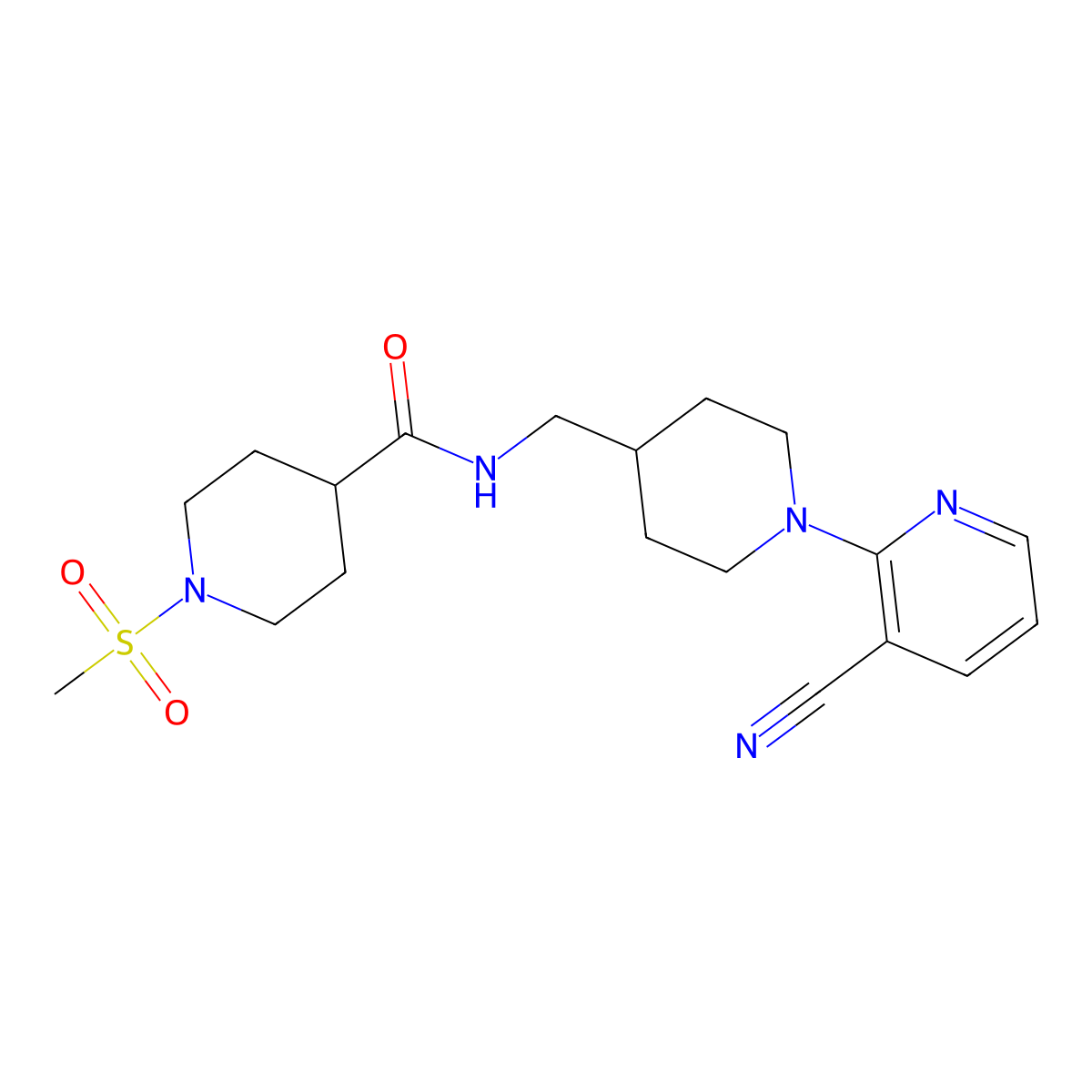 N-((1-(3-cyanopyridin-2-yl)piperidin-4-yl)methyl)-1-(methylsulfonyl)piperidine-4-carboxamide molecular structure, CAS 1797953-38-8