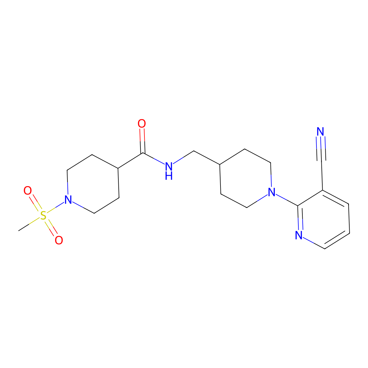 N-((1-(3-cyanopyridin-2-yl)piperidin-4-yl)methyl)-1-(methylsulfonyl)piperidine-4-carboxamide molecular structure, CAS 1797953-38-8