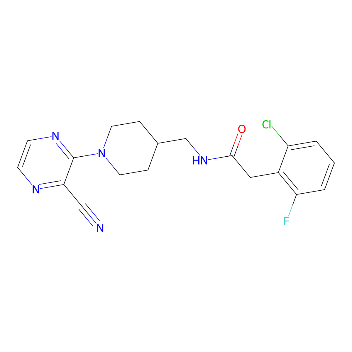 2-(2-chloro-6-fluorophenyl)-N-((1-(3-cyanopyrazin-2-yl)piperidin-4-yl)methyl)acetamide molecular structure, CAS 1797954-39-2