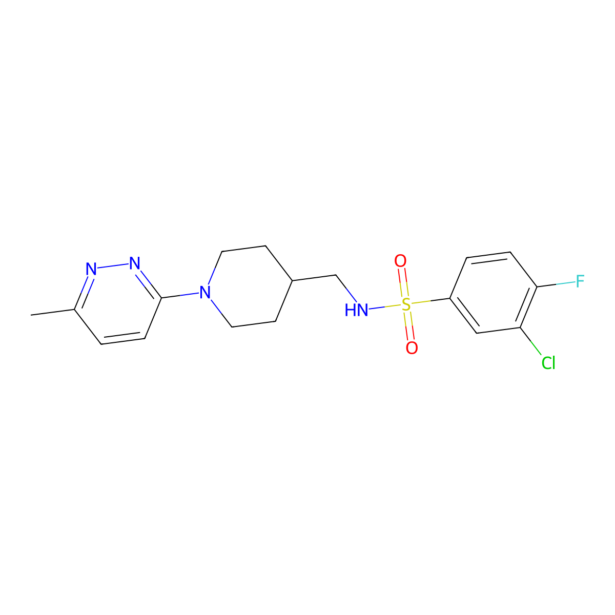 3-chloro-4-fluoro-N-((1-(6-methylpyridazin-3-yl)piperidin-4-yl)methyl)benzenesulfonamide molecular structure, CAS 1797954-88-1