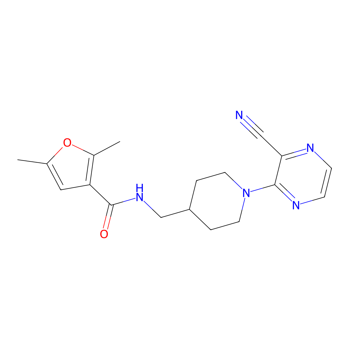 N-((1-(3-cyanopyrazin-2-yl)piperidin-4-yl)methyl)-2,5-dimethylfuran-3-carboxamide molecular structure, CAS 1797956-07-0