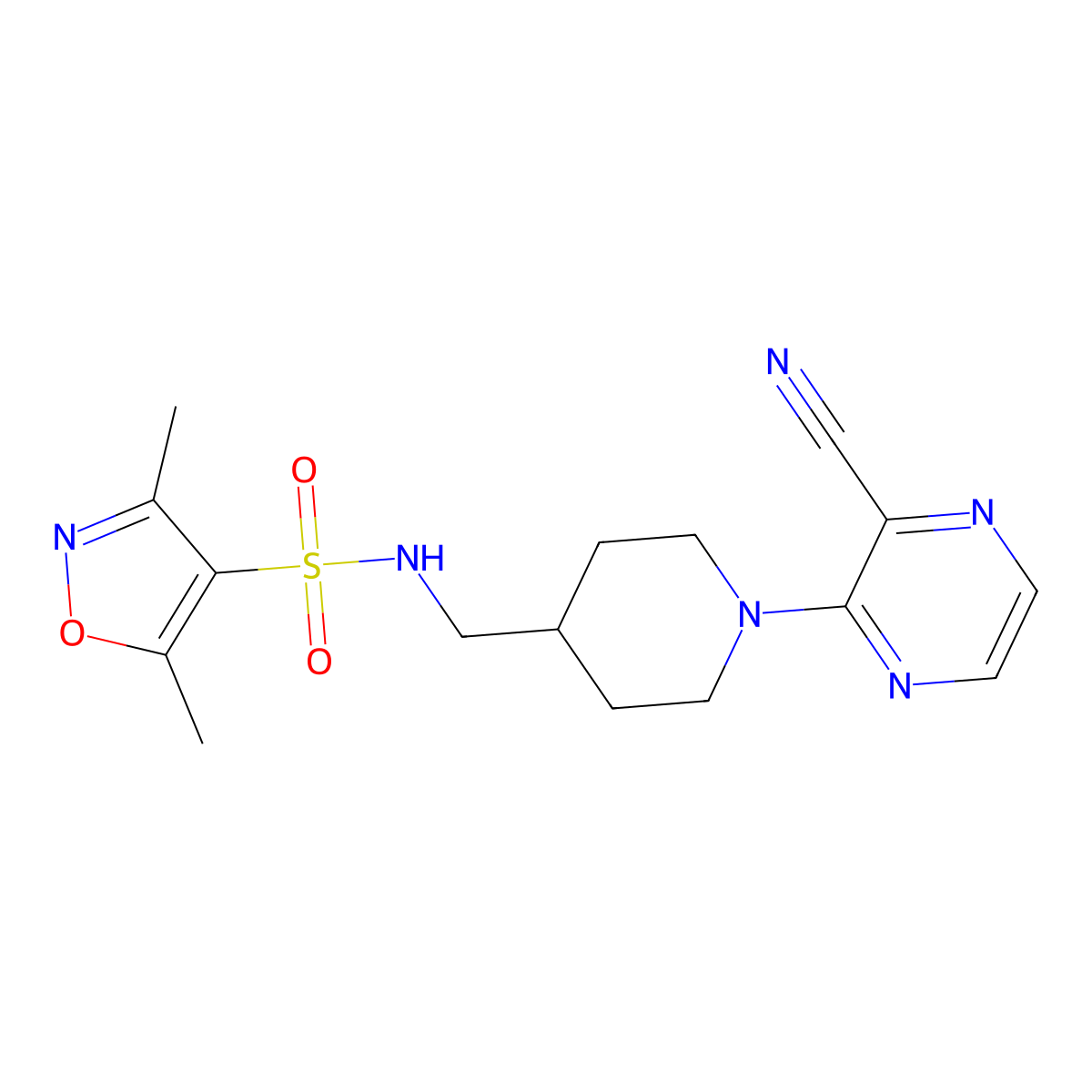 N-((1-(3-cyanopyrazin-2-yl)piperidin-4-yl)methyl)-3,5-dimethylisoxazole-4-sulfonamide molecular structure, CAS 1797956-22-9