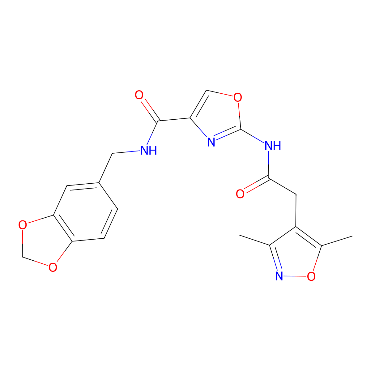 N-(benzo[d][1,3]dioxol-5-ylmethyl)-2-(2-(3,5-dimethylisoxazol-4-yl)acetamido)oxazole-4-carboxamide molecular structure, CAS 1797956-27-4