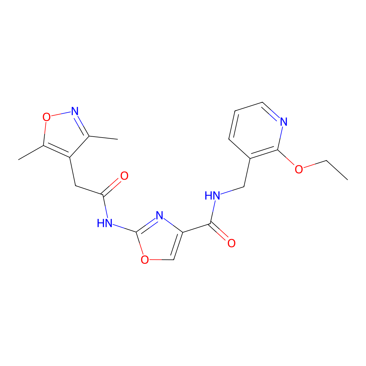 2-(2-(3,5-dimethylisoxazol-4-yl)acetamido)-N-((2-ethoxypyridin-3-yl)methyl)oxazole-4-carboxamide molecular structure, CAS 1797956-40-1