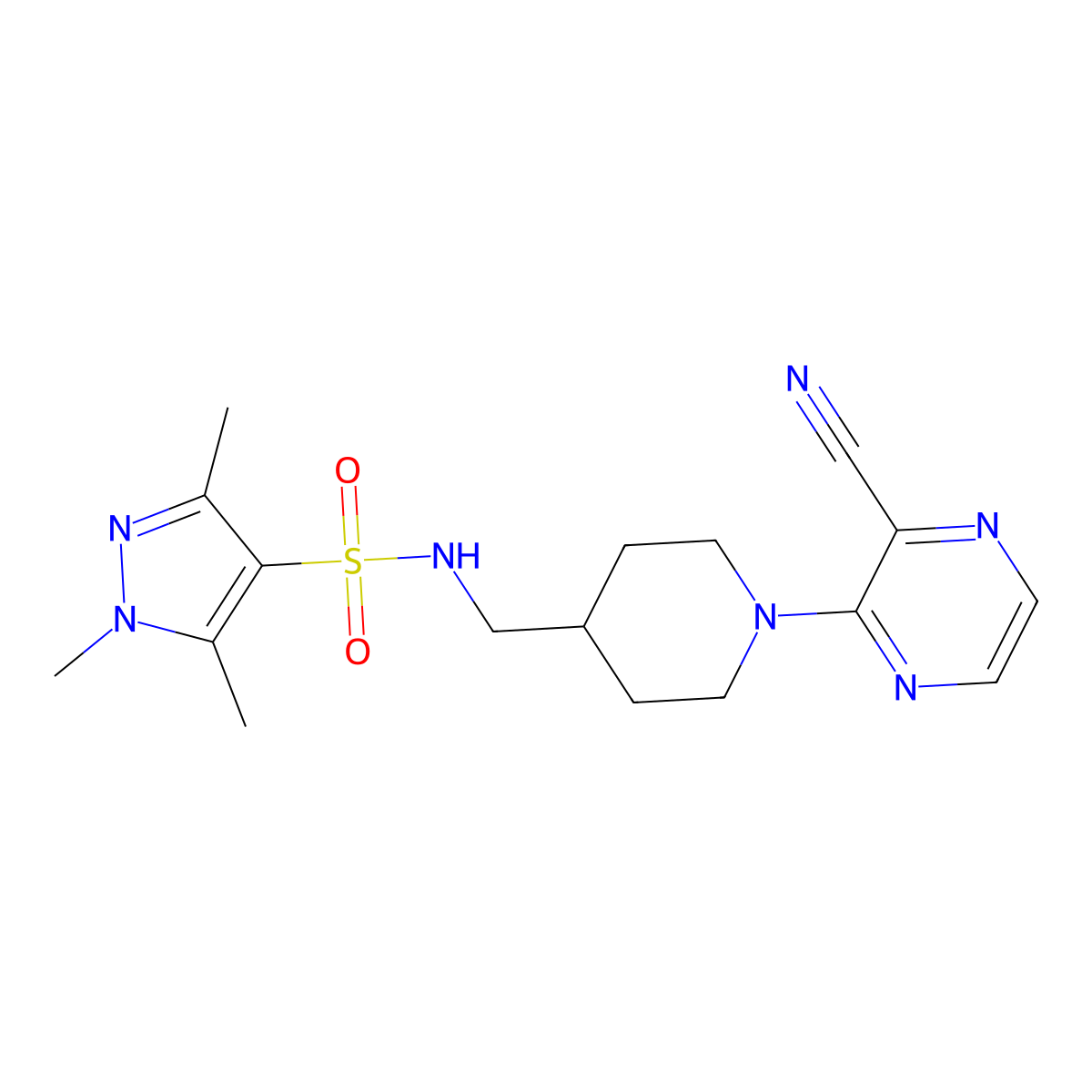 N-((1-(3-cyanopyrazin-2-yl)piperidin-4-yl)methyl)-1,3,5-trimethyl-1H-pyrazole-4-sulfonamide molecular structure, CAS 1797956-53-6