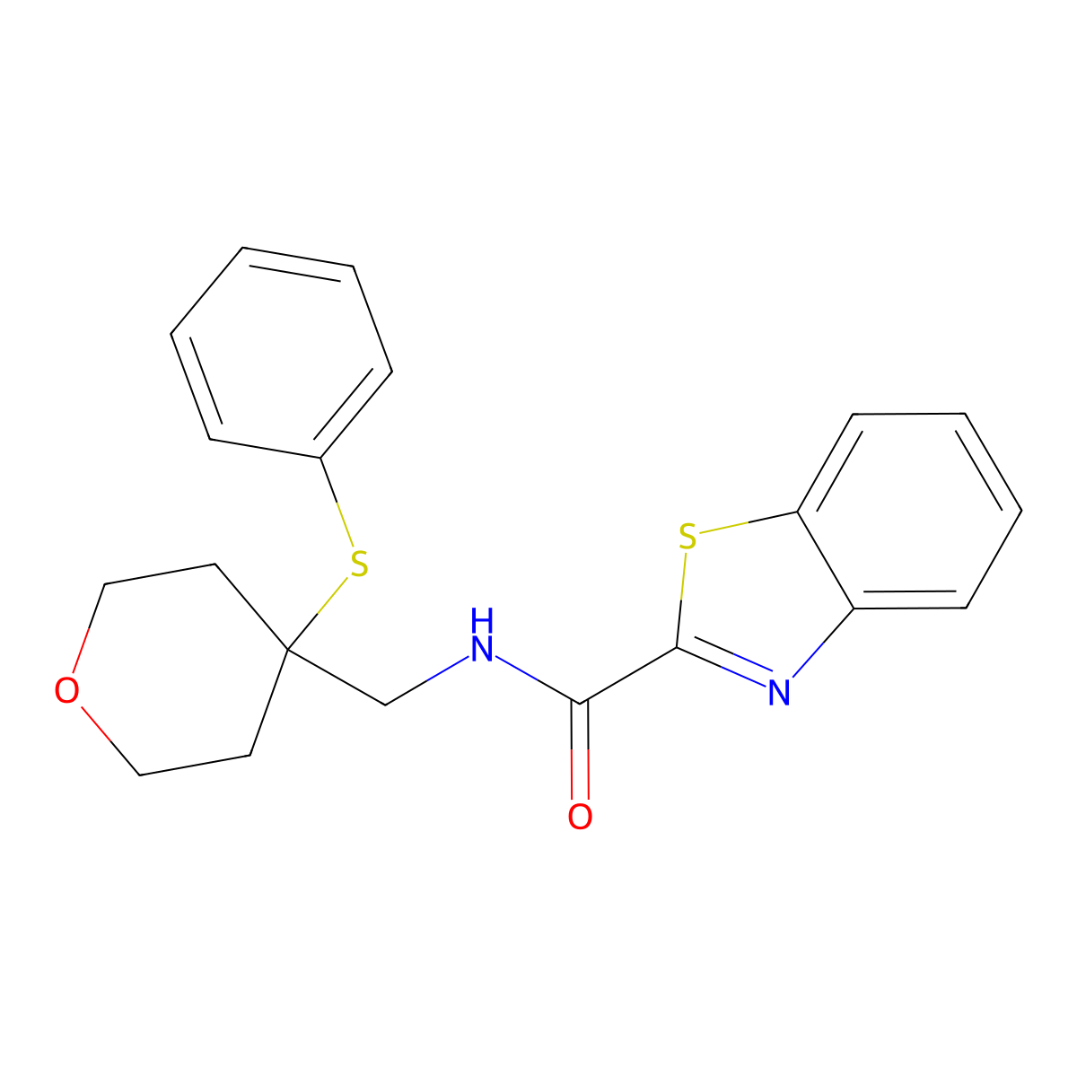 N-((4-(phenylthio)tetrahydro-2H-pyran-4-yl)methyl)benzo[d]thiazole-2-carboxamide molecular structure, CAS 1797956-75-2