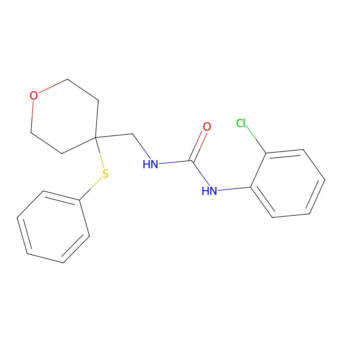 1-(2-chlorophenyl)-3-((4-(phenylthio)tetrahydro-2H-pyran-4-yl)methyl)urea molecular structure, CAS 1797956-90-1