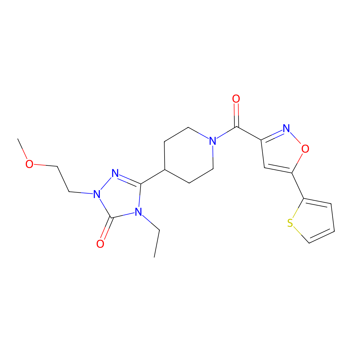 4-ethyl-1-(2-methoxyethyl)-3-(1-(5-(thiophen-2-yl)isoxazole-3-carbonyl)piperidin-4-yl)-1H-1,2,4-triazol-5(4H)-one molecular structure, CAS 1797957-05-1