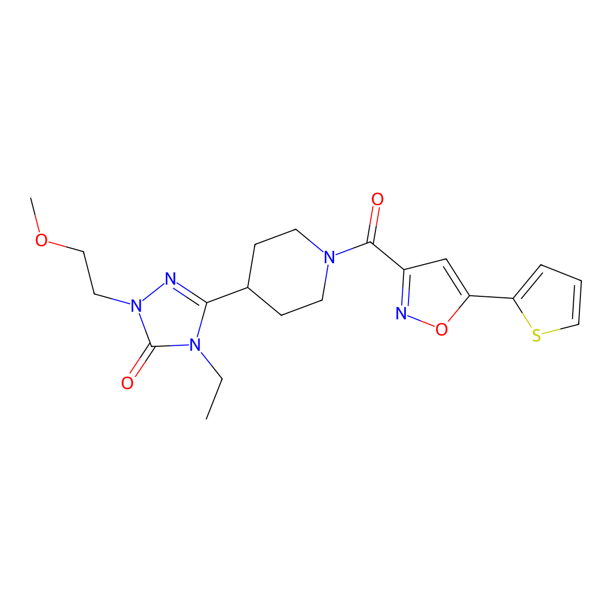 4-ethyl-1-(2-methoxyethyl)-3-(1-(5-(thiophen-2-yl)isoxazole-3-carbonyl)piperidin-4-yl)-1H-1,2,4-triazol-5(4H)-one molecular structure, CAS 1797957-05-1