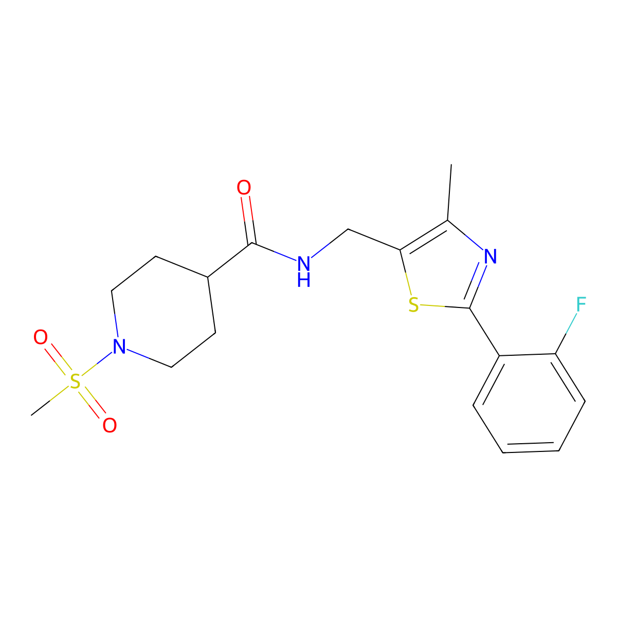 N-((2-(2-fluorophenyl)-4-methylthiazol-5-yl)methyl)-1-(methylsulfonyl)piperidine-4-carboxamide molecular structure, CAS 1797957-09-5