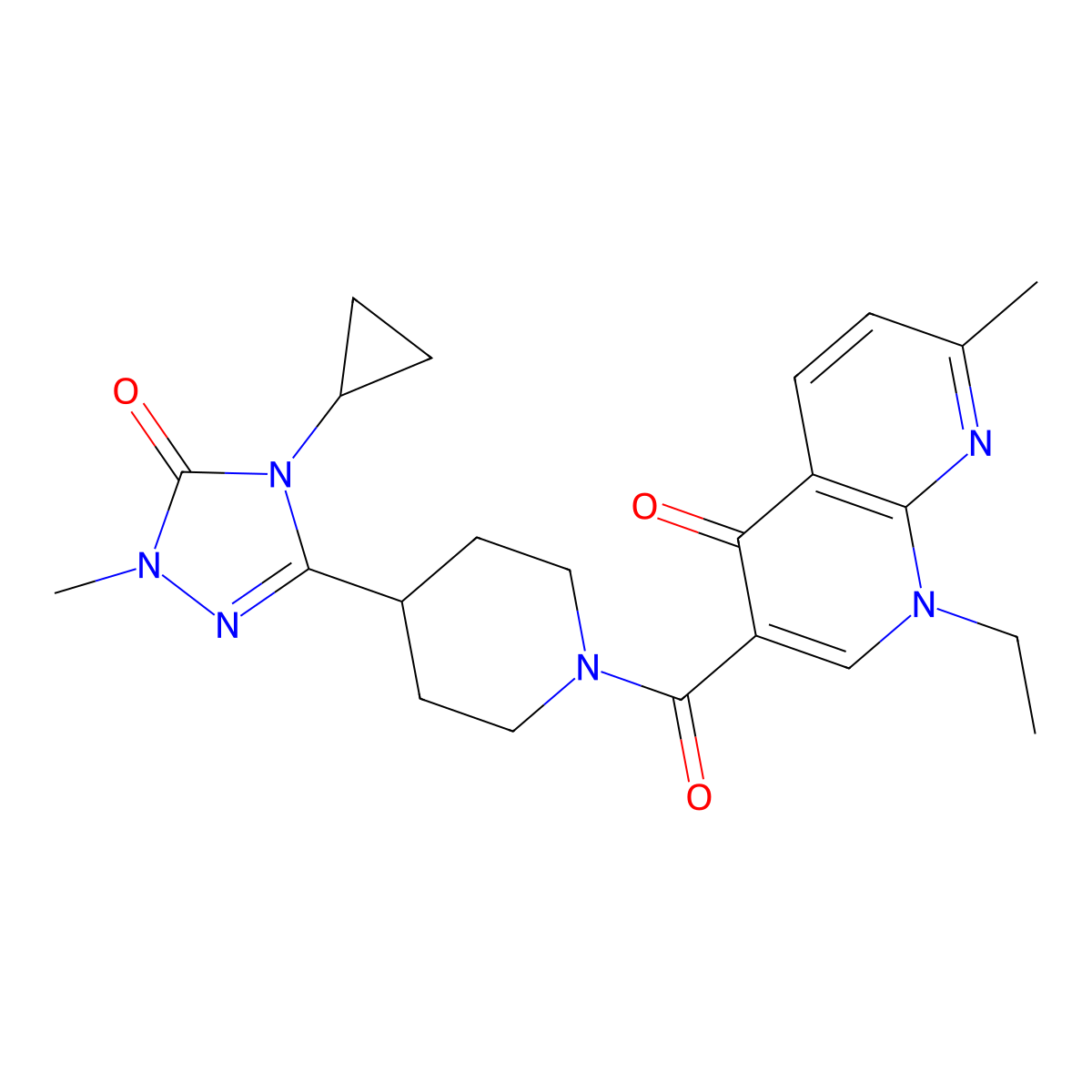 3-(4-(4-cyclopropyl-1-methyl-5-oxo-4,5-dihydro-1H-1,2,4-triazol-3-yl)piperidine-1-carbonyl)-1-ethyl-7-methyl-1,8-naphthyridin-4(1H)-one molecular structure, CAS 1797957-10-8