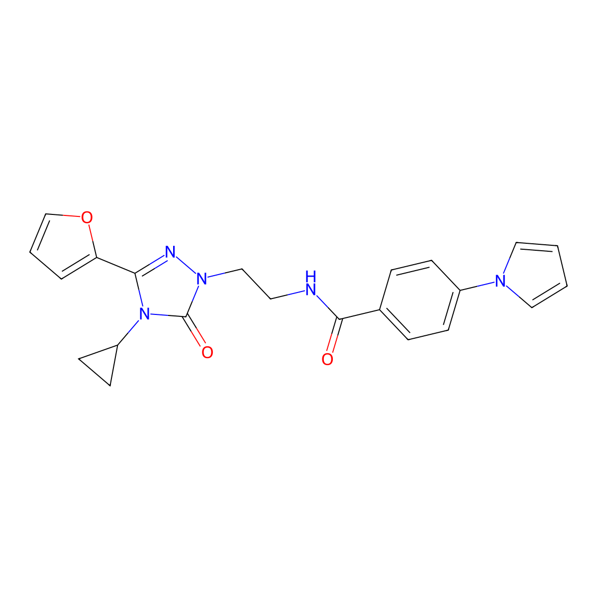 N-{2-[4-cyclopropyl-3-(furan-2-yl)-5-oxo-4,5-dihydro-1H-1,2,4-triazol-1-yl]ethyl}-4-(1H-pyrrol-1-yl)benzamide molecular structure, CAS 1797957-21-1