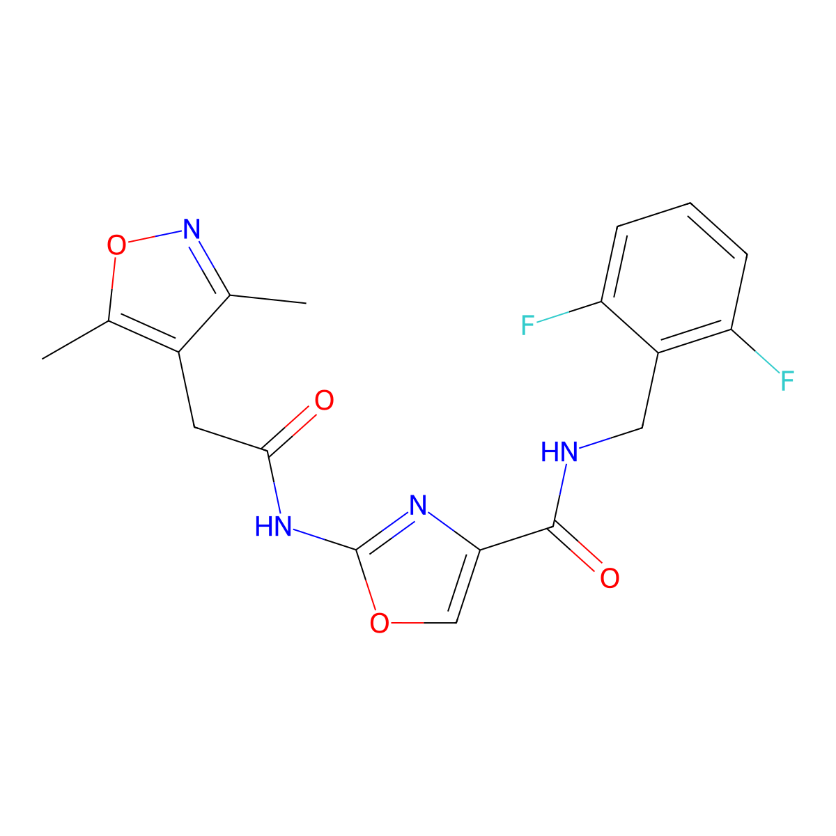 N-(2,6-difluorobenzyl)-2-(2-(3,5-dimethylisoxazol-4-yl)acetamido)oxazole-4-carboxamide molecular structure, CAS 1797957-28-8