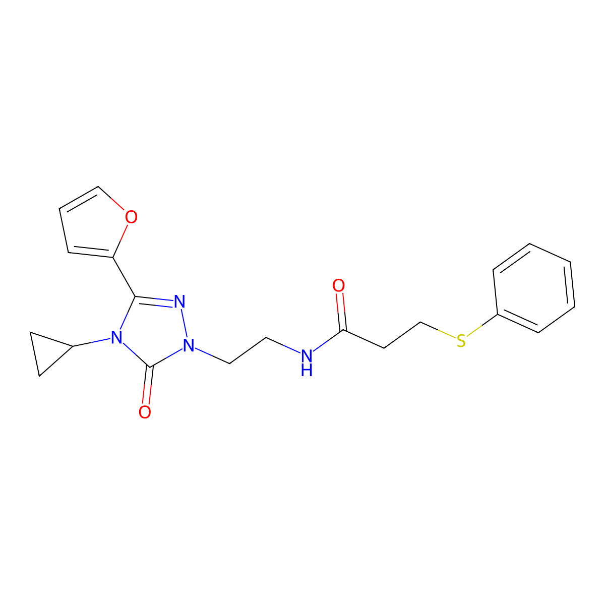N-{2-[4-cyclopropyl-3-(furan-2-yl)-5-oxo-4,5-dihydro-1H-1,2,4-triazol-1-yl]ethyl}-3-(phenylsulfanyl)propanamide molecular structure, CAS 1797957-42-6