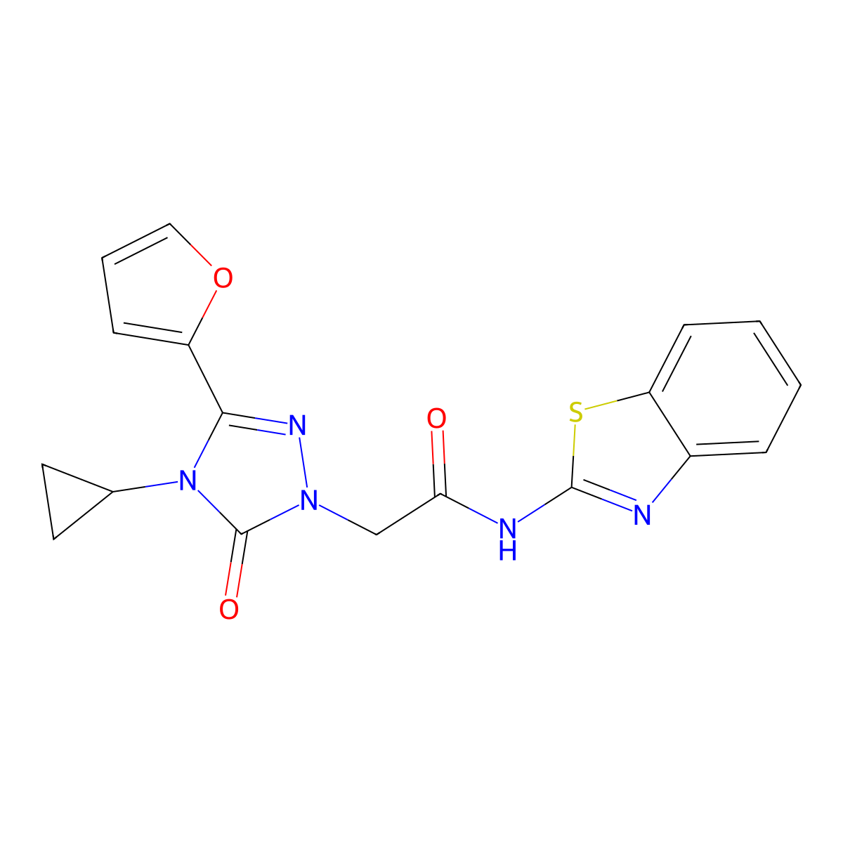 N-(benzo[d]thiazol-2-yl)-2-(4-cyclopropyl-3-(furan-2-yl)-5-oxo-4,5-dihydro-1H-1,2,4-triazol-1-yl)acetamide molecular structure, CAS 1797957-55-1