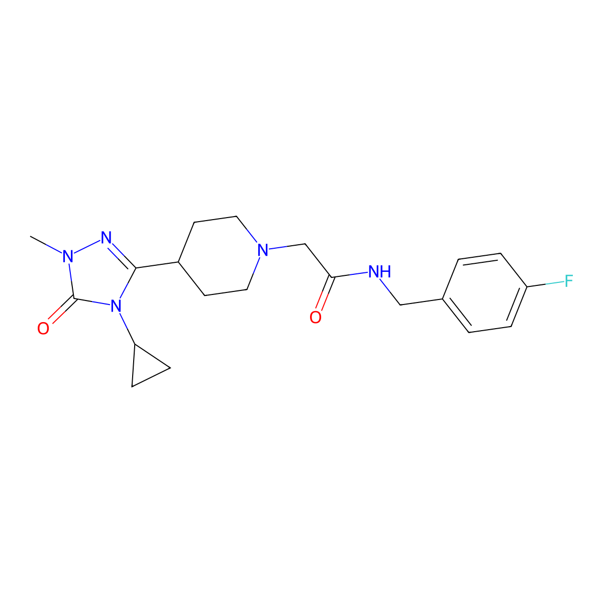 2-(4-(4-cyclopropyl-1-methyl-5-oxo-4,5-dihydro-1H-1,2,4-triazol-3-yl)piperidin-1-yl)-N-(4-fluorobenzyl)acetamide molecular structure, CAS 1797957-70-0