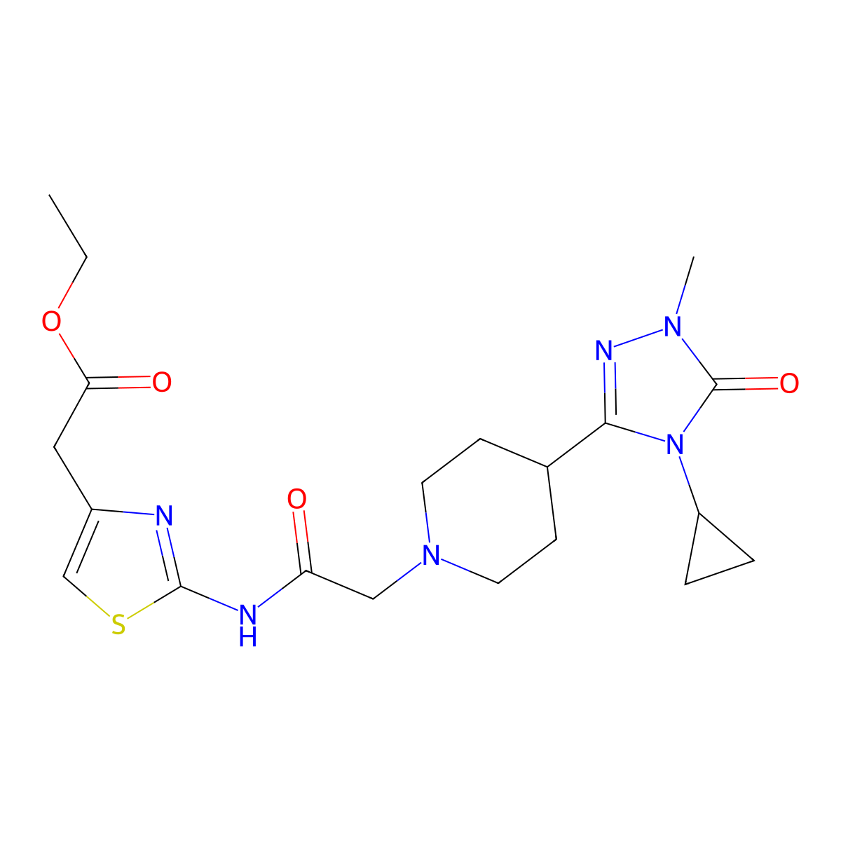 ethyl 2-(2-(2-(4-(4-cyclopropyl-1-methyl-5-oxo-4,5-dihydro-1H-1,2,4-triazol-3-yl)piperidin-1-yl)acetamido)thiazol-4-yl)acetate molecular structure, CAS 1797957-78-8