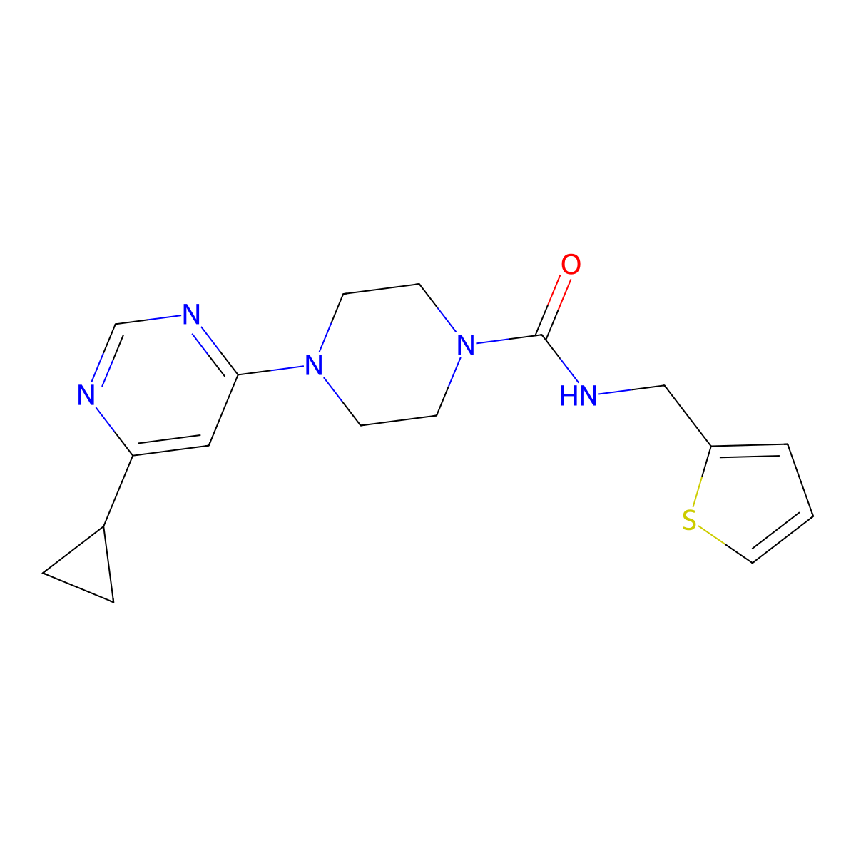 4-(6-cyclopropylpyrimidin-4-yl)-N-(thiophen-2-ylmethyl)piperazine-1-carboxamide molecular structure, CAS 1797957-80-2