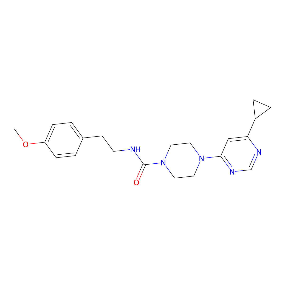 4-(6-cyclopropylpyrimidin-4-yl)-N-(4-methoxyphenethyl)piperazine-1-carboxamide molecular structure, CAS 1797957-82-4
