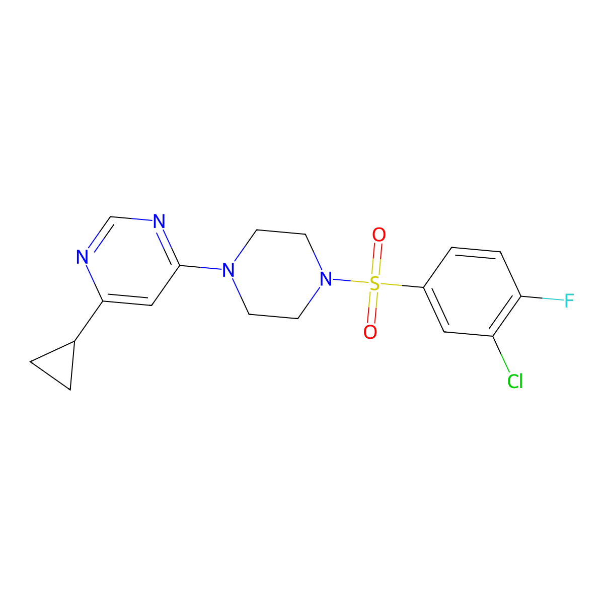4-(4-((3-Chloro-4-fluorophenyl)sulfonyl)piperazin-1-yl)-6-cyclopropylpyrimidine molecular structure, CAS 1797957-83-5